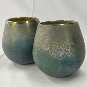 Art Glass Iridescent Ombre‎ Teal Gold Textured Stemless Wine Votive Set of 2